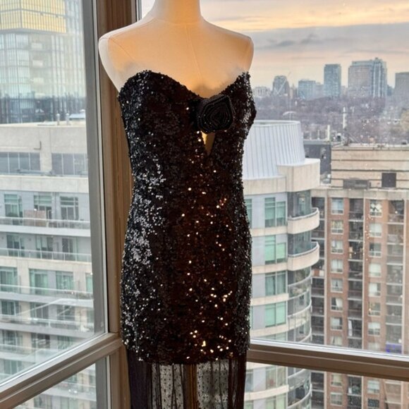 🆕REBECCA VALLANCE 🧿 NWOT Diana Black Sequined Mesh Trimmed Gown Sz AU 14 US 10 - Picture 10 of 16